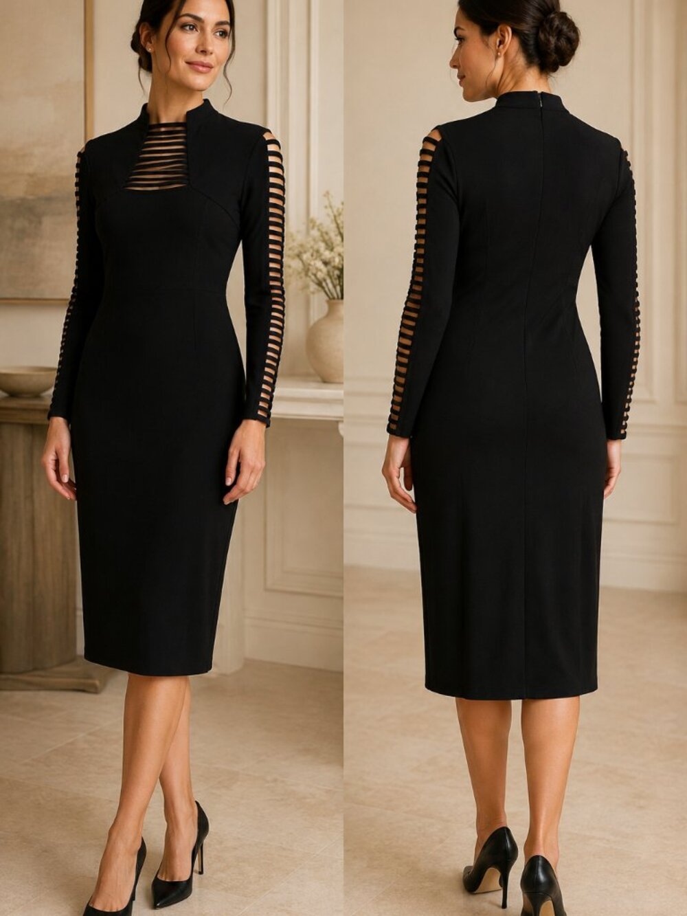 FRANK LYMAN DESIGN BLACK LADDER-CUTOUT MIDI DRESS — SIZE 6